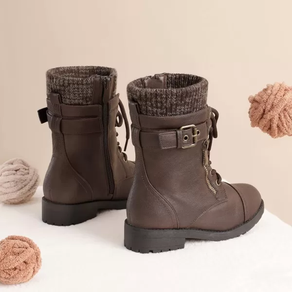 imageDREAM PAIRS Girls Mid Calf Combat BootsBrownz