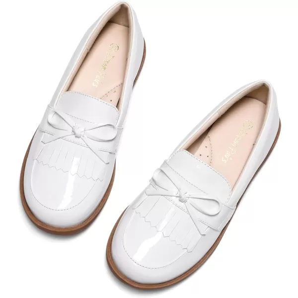 imageDREAM PAIRS Girls Patent Leather Loafers School Uniform Dress Shoes Tassel Bow FlatsWhitePu