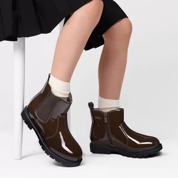 imageDREAM PAIRS Girls Side Zipper Chelsea Ankle Boots Little KidBig KidBrownPat