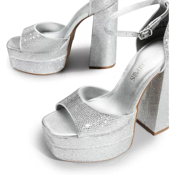 imageDREAM PAIRS High Heels Chunky Block Platform Heels for Women Ankle Strap Sexy Open Square Toe Heels Dressy Pumps SandalsSilverrhinestone