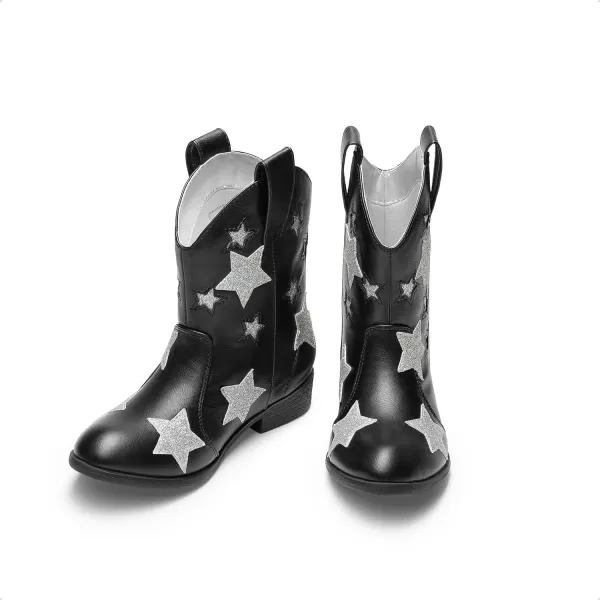 imageDREAM PAIRS Kids Girls Cowgirl Cowboy Western Mid Calf Star BootsBlack