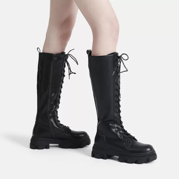 imageDREAM PAIRS Knee High Boots Women Fashion Lace Up Chunky Platform Lug Sole Boots For WomenBlackPu