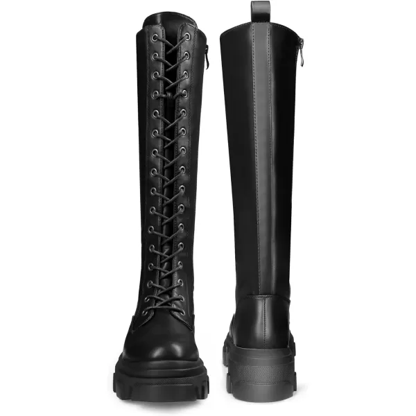 imageDREAM PAIRS Knee High Boots Women Fashion Lace Up Chunky Platform Lug Sole Boots For WomenBlackPu