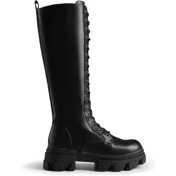 imageDREAM PAIRS Knee High Boots Women Fashion Lace Up Chunky Platform Lug Sole Boots For WomenBlackPu