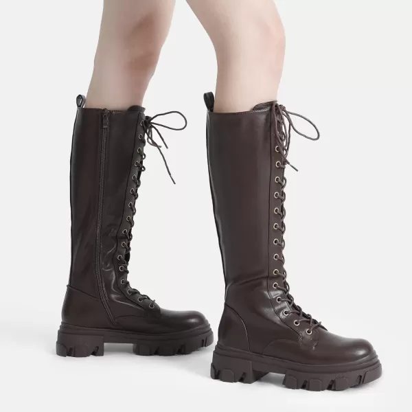 imageDREAM PAIRS Knee High Boots Women Fashion Lace Up Chunky Platform Lug Sole Boots For WomenBrownPu