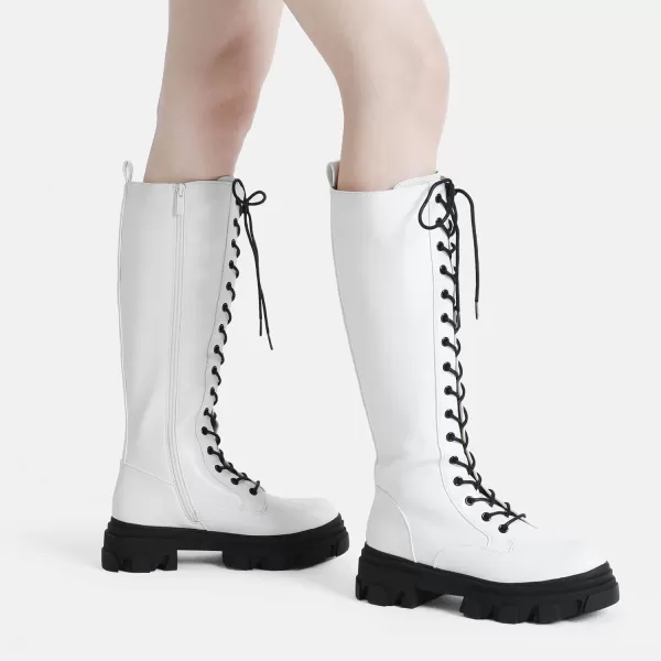 imageDREAM PAIRS Knee High Boots Women Fashion Lace Up Chunky Platform Lug Sole Boots For WomenWhitePu