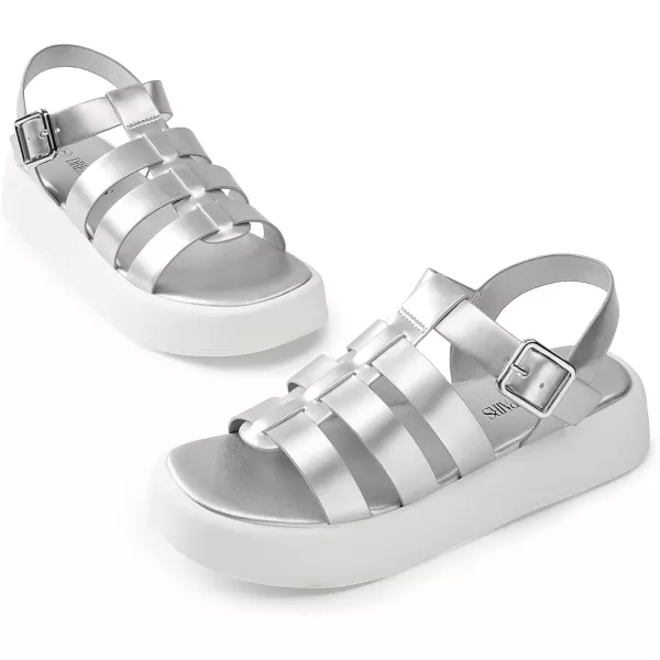imageDREAM PAIRS Women Fisherman Platform Sandals Strappy Low Y2K Gladiator Sandals Soft Cushion Buckle Comfort Flatform SandalsSilver