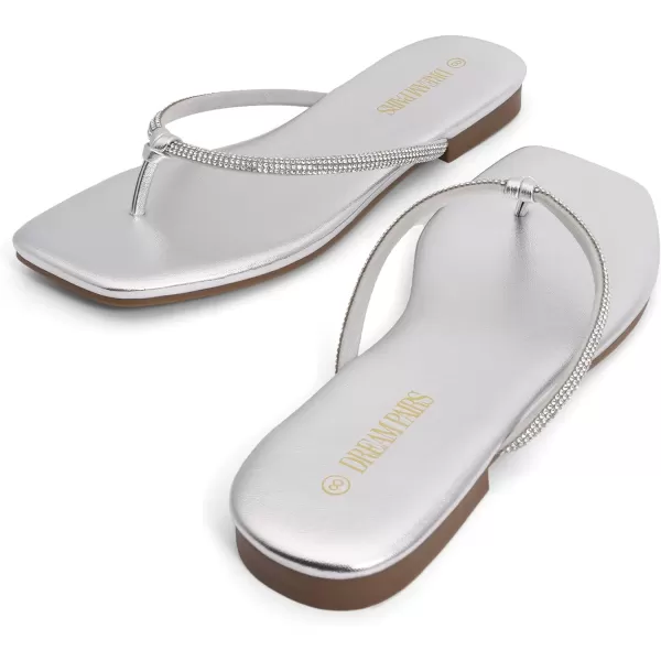 imageDREAM PAIRS Women Flip Flops Square Soft Rhinestones Thong Sandals Summer Casual Lightweight Comfortable Glittering Flat Slippers Walking Shopping Gathering Vacation ShoesSilver