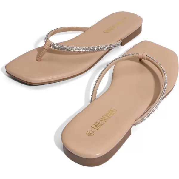 imageDREAM PAIRS Women Flip Flops Square Soft Rhinestones Thong Sandals Summer Casual Lightweight Comfortable Glittering Flat Slippers Walking Shopping Gathering Vacation ShoesNude