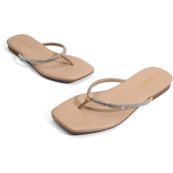 imageDREAM PAIRS Women Flip Flops Square Soft Rhinestones Thong Sandals Summer Casual Lightweight Comfortable Glittering Flat Slippers Walking Shopping Gathering Vacation ShoesNude