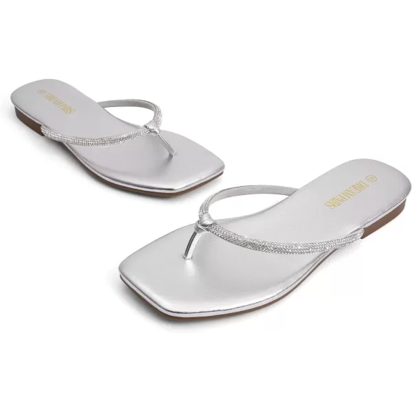 imageDREAM PAIRS Women Flip Flops Square Soft Rhinestones Thong Sandals Summer Casual Lightweight Comfortable Glittering Flat Slippers Walking Shopping Gathering Vacation ShoesSilver