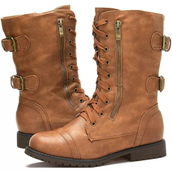 imageDREAM PAIRS Womens Ankle Bootie Winter Lace up Mid Calf Military Combat BootsTerrancamel