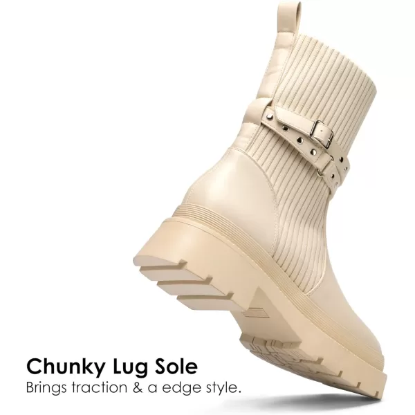 imageDREAM PAIRS Womens Ankle Boots Lug Sole Chunky Heel Platform Chelsea Booties Elastic Gore Mid Calf BootsBeige White