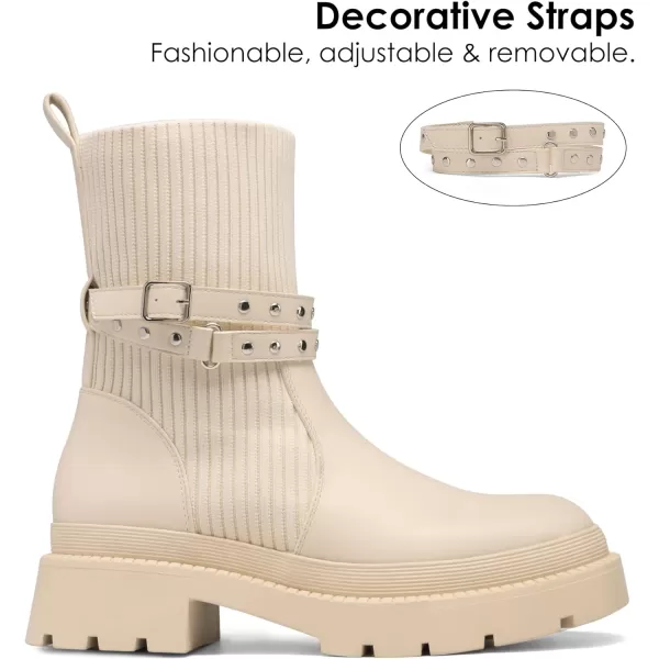imageDREAM PAIRS Womens Ankle Boots Lug Sole Chunky Heel Platform Chelsea Booties Elastic Gore Mid Calf BootsBeige White