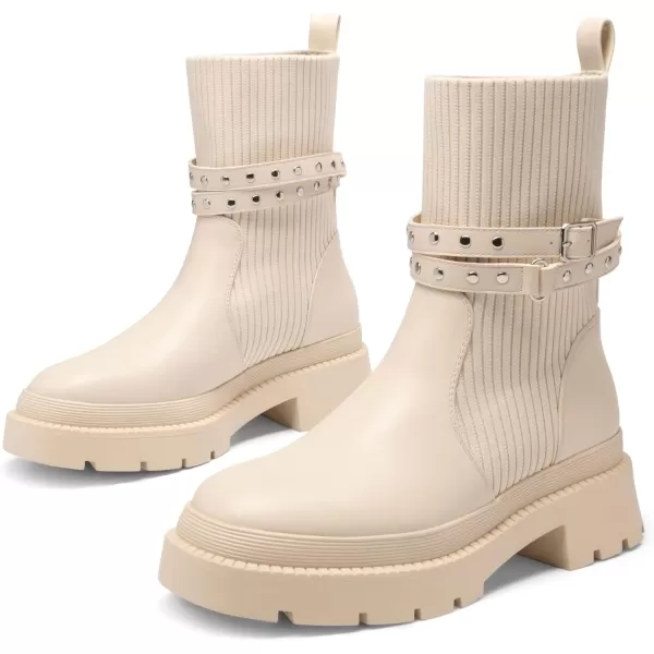 imageDREAM PAIRS Womens Ankle Boots Lug Sole Chunky Heel Platform Chelsea Booties Elastic Gore Mid Calf BootsBeige White