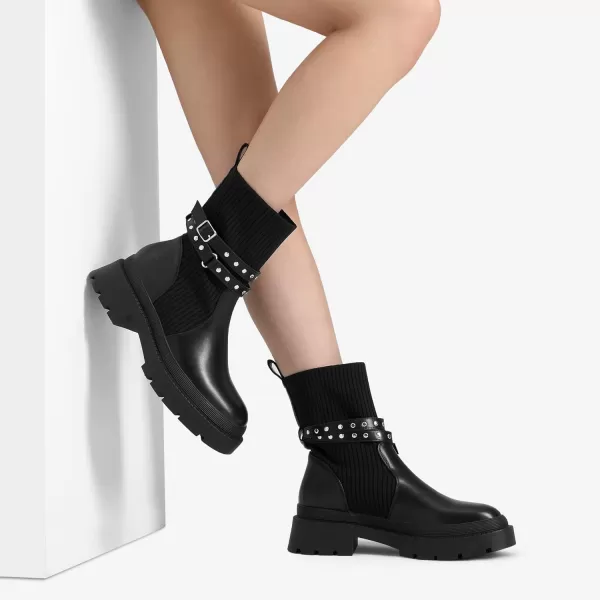 imageDREAM PAIRS Womens Ankle Boots Lug Sole Chunky Heel Platform Chelsea Booties Elastic Gore Mid Calf BootsBlack
