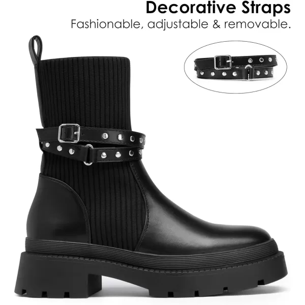 imageDREAM PAIRS Womens Ankle Boots Lug Sole Chunky Heel Platform Chelsea Booties Elastic Gore Mid Calf BootsBlack