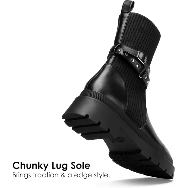 imageDREAM PAIRS Womens Ankle Boots Lug Sole Chunky Heel Platform Chelsea Booties Elastic Gore Mid Calf BootsBlack