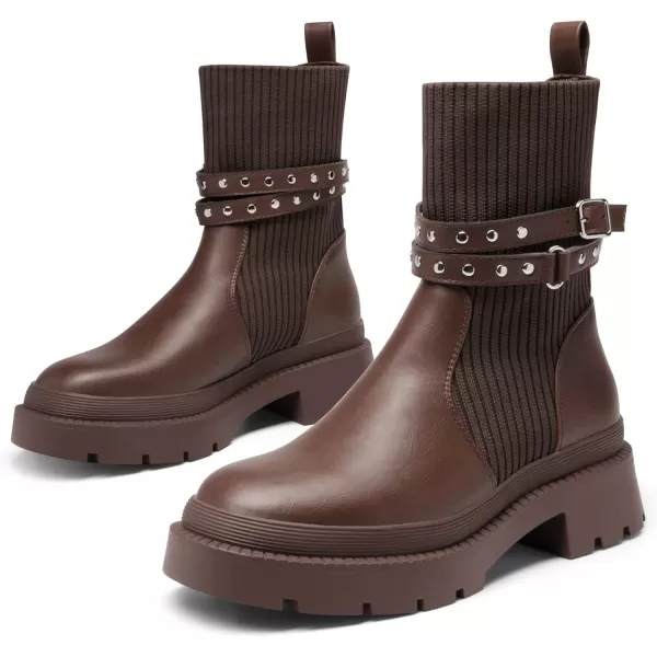 imageDREAM PAIRS Womens Ankle Boots Lug Sole Chunky Heel Platform Chelsea Booties Elastic Gore Mid Calf BootsBrown