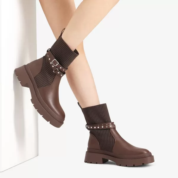 imageDREAM PAIRS Womens Ankle Boots Lug Sole Chunky Heel Platform Chelsea Booties Elastic Gore Mid Calf BootsBrown