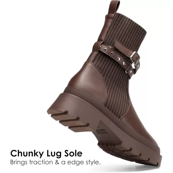 imageDREAM PAIRS Womens Ankle Boots Lug Sole Chunky Heel Platform Chelsea Booties Elastic Gore Mid Calf BootsBrown