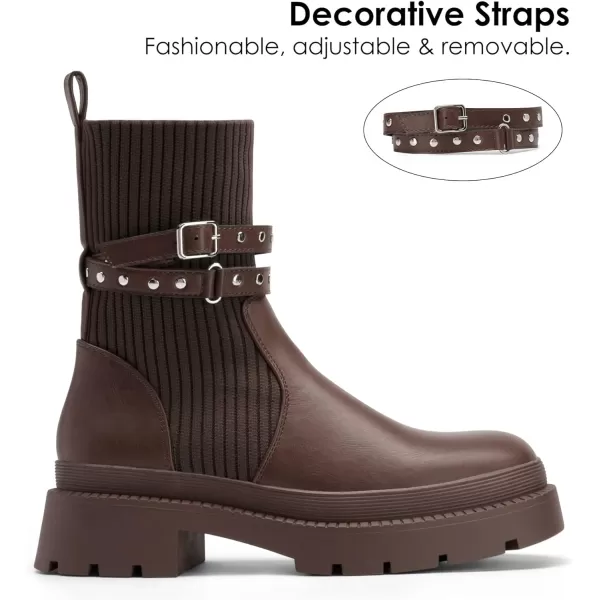 imageDREAM PAIRS Womens Ankle Boots Lug Sole Chunky Heel Platform Chelsea Booties Elastic Gore Mid Calf BootsBrown