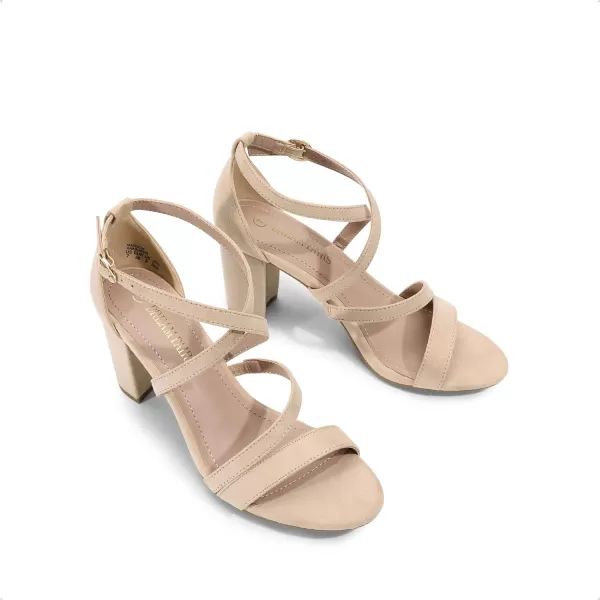 imageDREAM PAIRS Womens Ankle Strap Dress Pump Low Chunky Heel SandalsNudeSuede