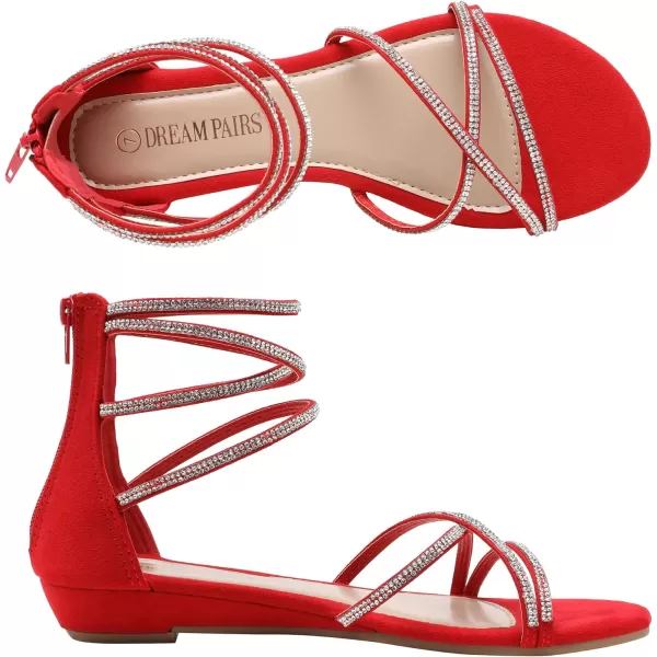 imageDREAM PAIRS Womens Ankle Strap Rhinestones Low Wedge SandalsRed