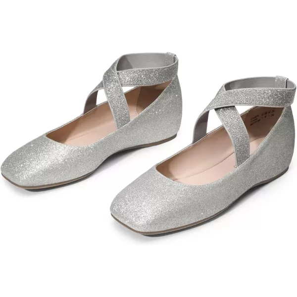 imageDREAM PAIRS Womens Ballet Flats Comfortable SlipOn Square Toe Dress Shoes with Elastic Ankle StrapsSilverglitter