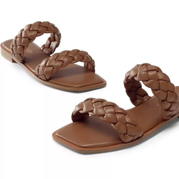 imageDREAM PAIRS Womens Braided Sandals Slip on Slides Two Straps Square Toe Dressy for SummerBrown