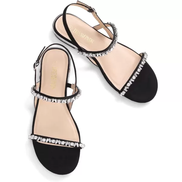 imageDREAM PAIRS Womens Casual Dresssy Low Wedge Summer Shoes Cute Strappy Rhinestone Open Toe Flat SandalsBlackSuede