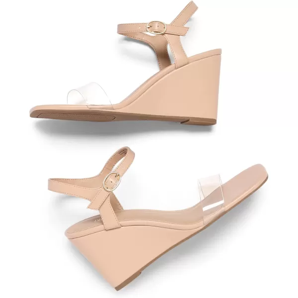 imageDREAM PAIRS Womens Casual Dressy Wedge Sandals Cute Square Toe and Buckle Ankle Strappy Slingback Wedding ShoesNudeClear