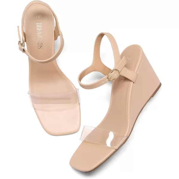 imageDREAM PAIRS Womens Casual Dressy Wedge Sandals Cute Square Toe and Buckle Ankle Strappy Slingback Wedding ShoesNudeClear