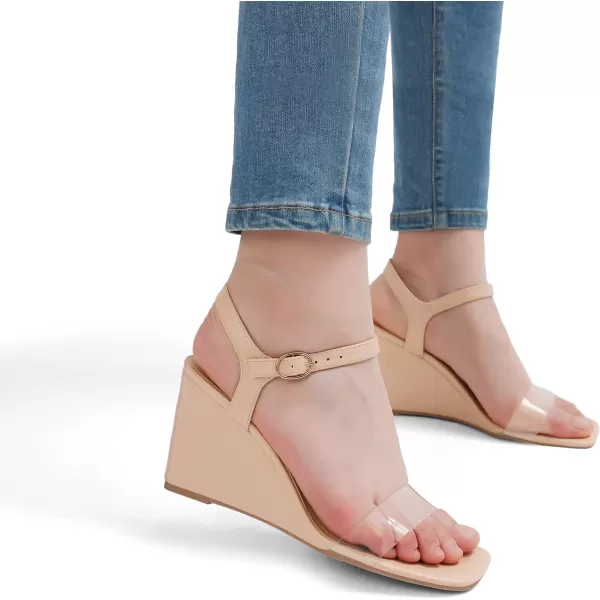 imageDREAM PAIRS Womens Casual Dressy Wedge Sandals Cute Square Toe and Buckle Ankle Strappy Slingback Wedding ShoesNudeClear