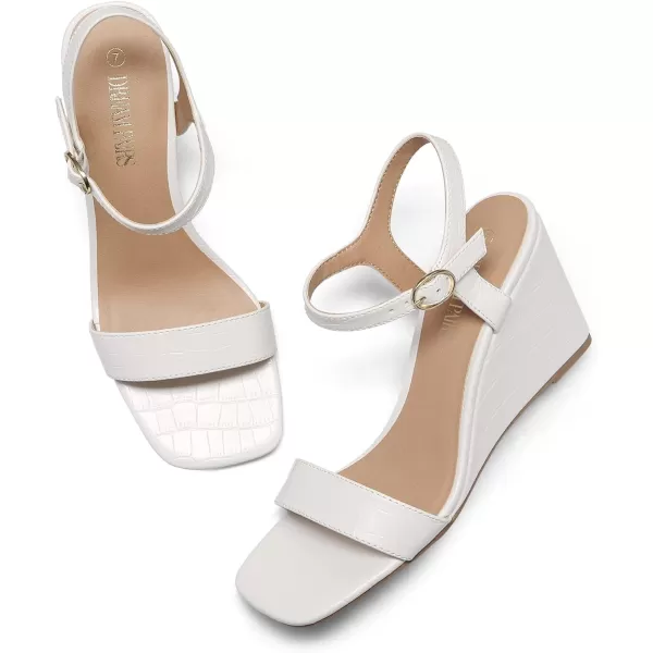 imageDREAM PAIRS Womens Casual Dressy Wedge Sandals Cute Square Toe and Buckle Ankle Strappy Slingback Wedding ShoesWhite