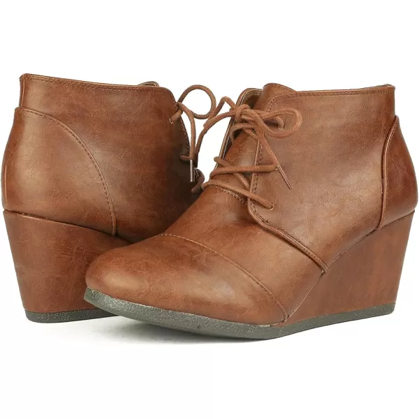 imageDREAM PAIRS Womens Casual Fashion Lace Up Low Wedge Heel Booties ShoeTan Pu