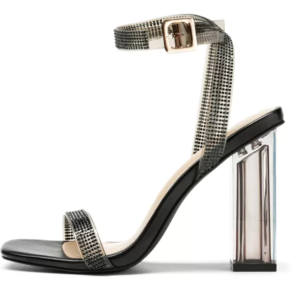imageDREAM PAIRS Womens Chunky Clear High Heels Sandals Rhinestone Ankle Strap Open Square Toe Block Heels Cute Sparkly Heels for Wedding PartyAll Black Clear