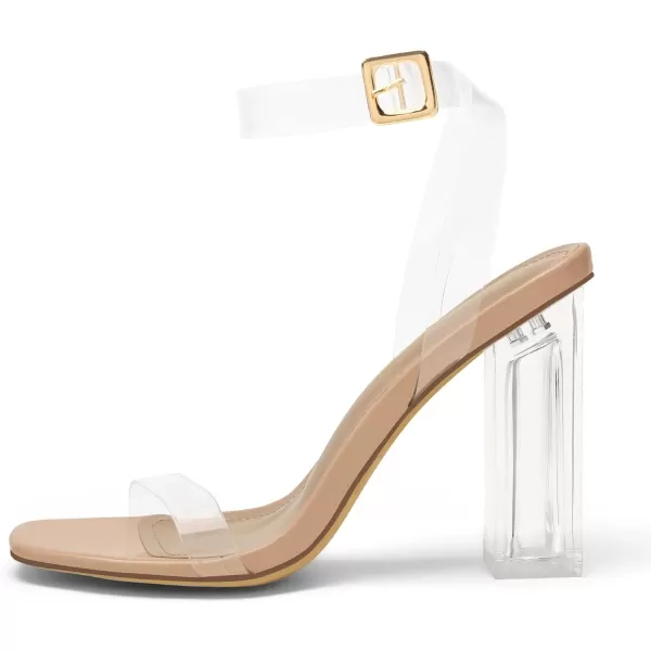 imageDREAM PAIRS Womens Chunky Clear High Heels Sandals Rhinestone Ankle Strap Open Square Toe Block Heels Cute Sparkly Heels for Wedding PartyNudeClear