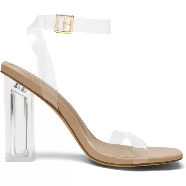 imageDREAM PAIRS Womens Chunky Clear High Heels Sandals Rhinestone Ankle Strap Open Square Toe Block Heels Cute Sparkly Heels for Wedding PartyNudeClear