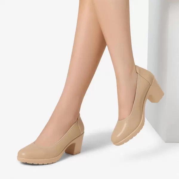 imageDREAM PAIRS Womens Chunky Closed Toe Low Block Heels Work Pumps Comfortable Round Toe Dress Wedding ShoesNude