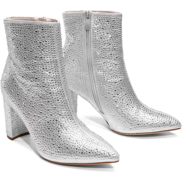 imageDREAM PAIRS Womens Chunky High Heel Ankle BootiesSilver Rhinestone