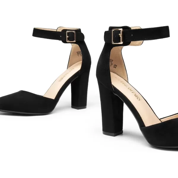 imageDREAM PAIRS Womens Chunky High Heels Dress Pumps Closed Pointed Toe Block Ankle Strap Shoes for Wedding PartyBlacksuede
