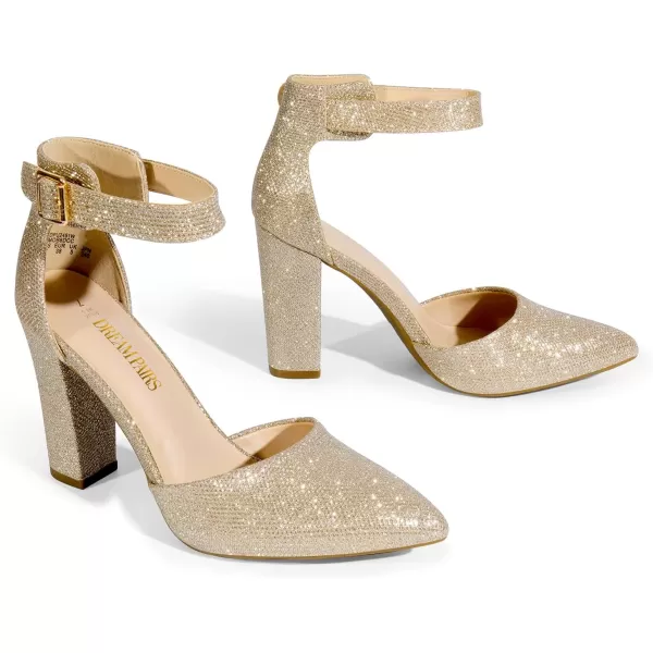 imageDREAM PAIRS Womens Chunky High Heels Dress Pumps Closed Pointed Toe Block Ankle Strap Shoes for Wedding PartyGoldglitter