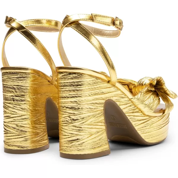 imageDREAM PAIRS Womens Chunky Platform Heels Sandals Pleated Bow Knot Ankle Buckle Strap Heeled Sandals Open Toe Comfortable Wedding Party Dress ShoesGold