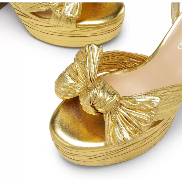imageDREAM PAIRS Womens Chunky Platform Heels Sandals Pleated Bow Knot Ankle Buckle Strap Heeled Sandals Open Toe Comfortable Wedding Party Dress ShoesGold