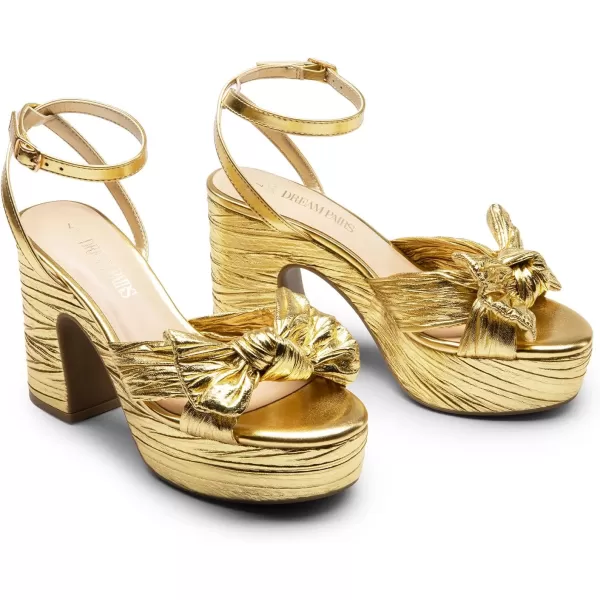 imageDREAM PAIRS Womens Chunky Platform Heels Sandals Pleated Bow Knot Ankle Buckle Strap Heeled Sandals Open Toe Comfortable Wedding Party Dress ShoesGold