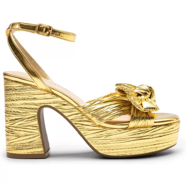 imageDREAM PAIRS Womens Chunky Platform Heels Sandals Pleated Bow Knot Ankle Buckle Strap Heeled Sandals Open Toe Comfortable Wedding Party Dress ShoesGold