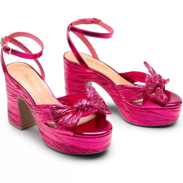 imageDREAM PAIRS Womens Chunky Platform Heels Sandals Pleated Bow Knot Ankle Buckle Strap Heeled Sandals Open Toe Comfortable Wedding Party Dress ShoesHot Pink