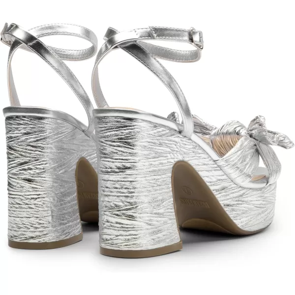 imageDREAM PAIRS Womens Chunky Platform Heels Sandals Pleated Bow Knot Ankle Buckle Strap Heeled Sandals Open Toe Comfortable Wedding Party Dress ShoesSilver