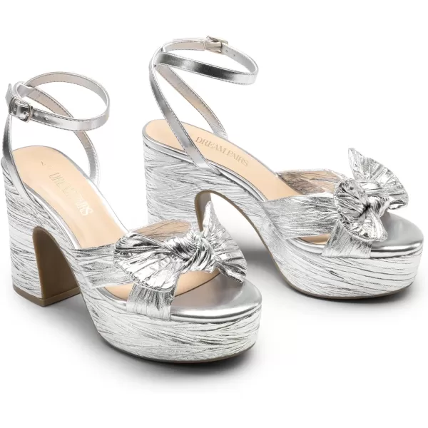 imageDREAM PAIRS Womens Chunky Platform Heels Sandals Pleated Bow Knot Ankle Buckle Strap Heeled Sandals Open Toe Comfortable Wedding Party Dress ShoesSilver